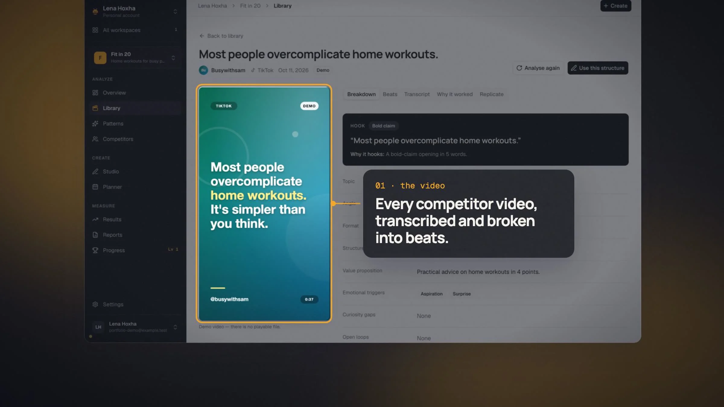 Every competitor video, transcribed and broken into beats.
