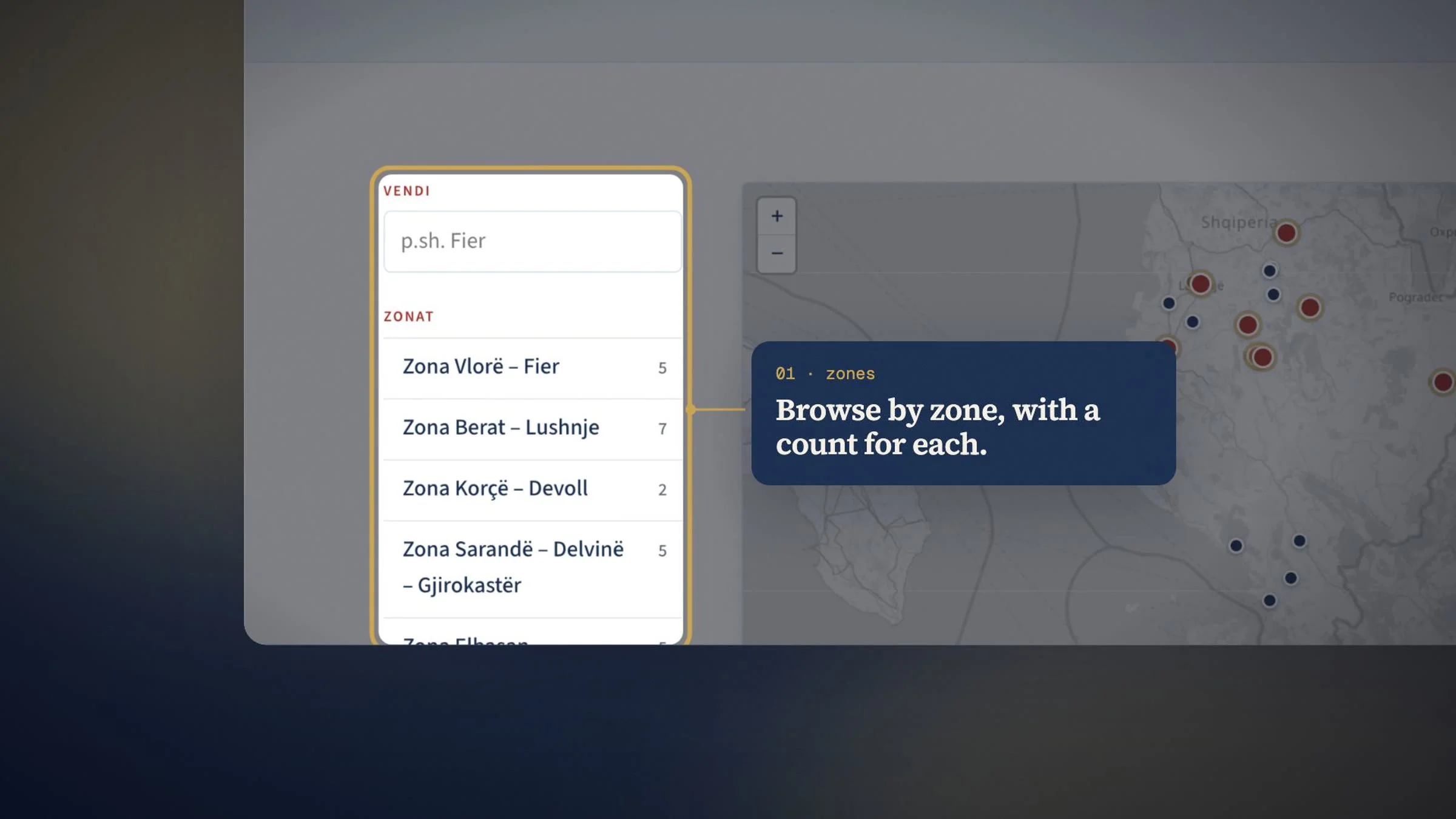 Browse by zone, with a count for each.