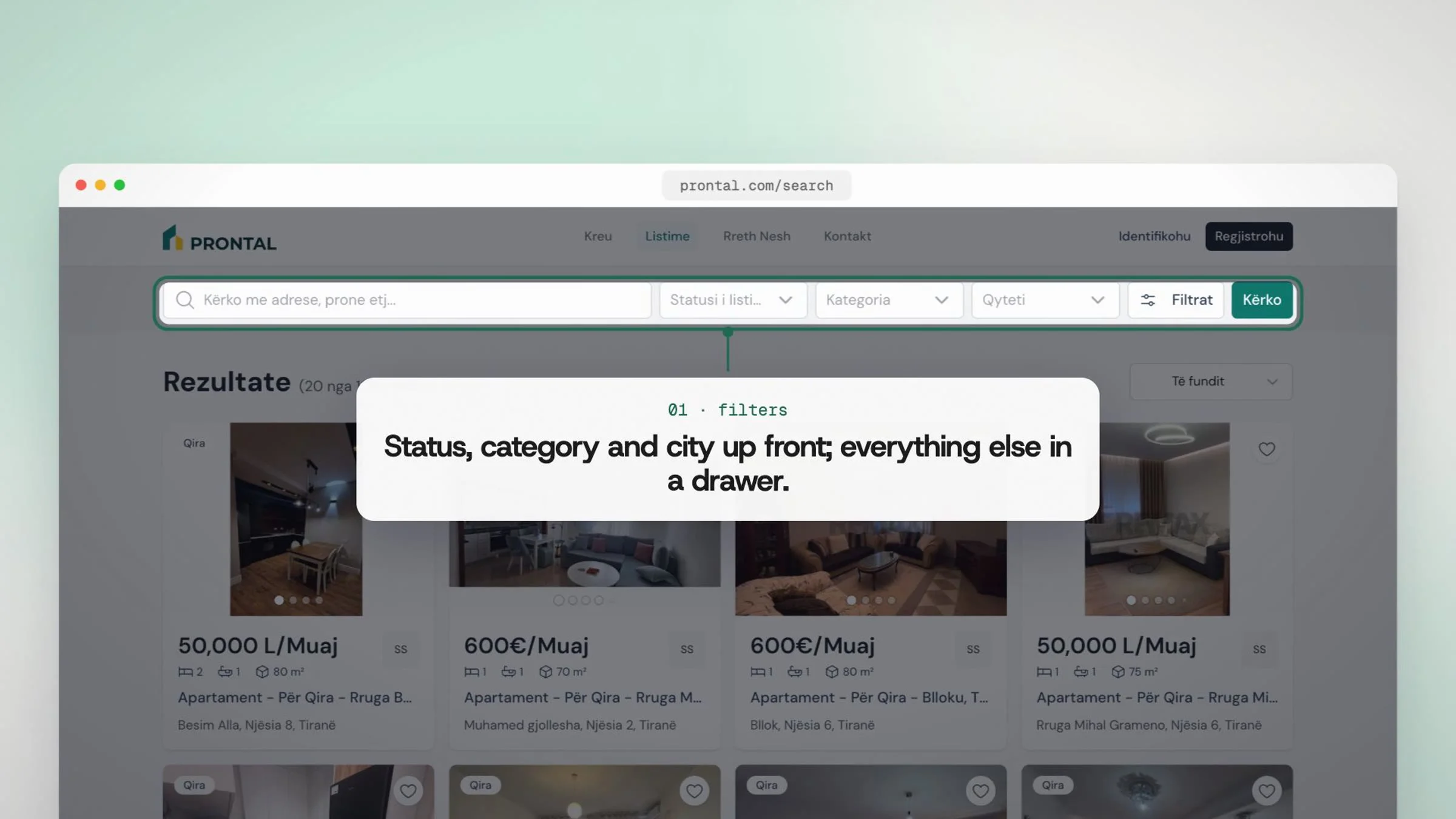 Status, category and city up front; everything else in a drawer.