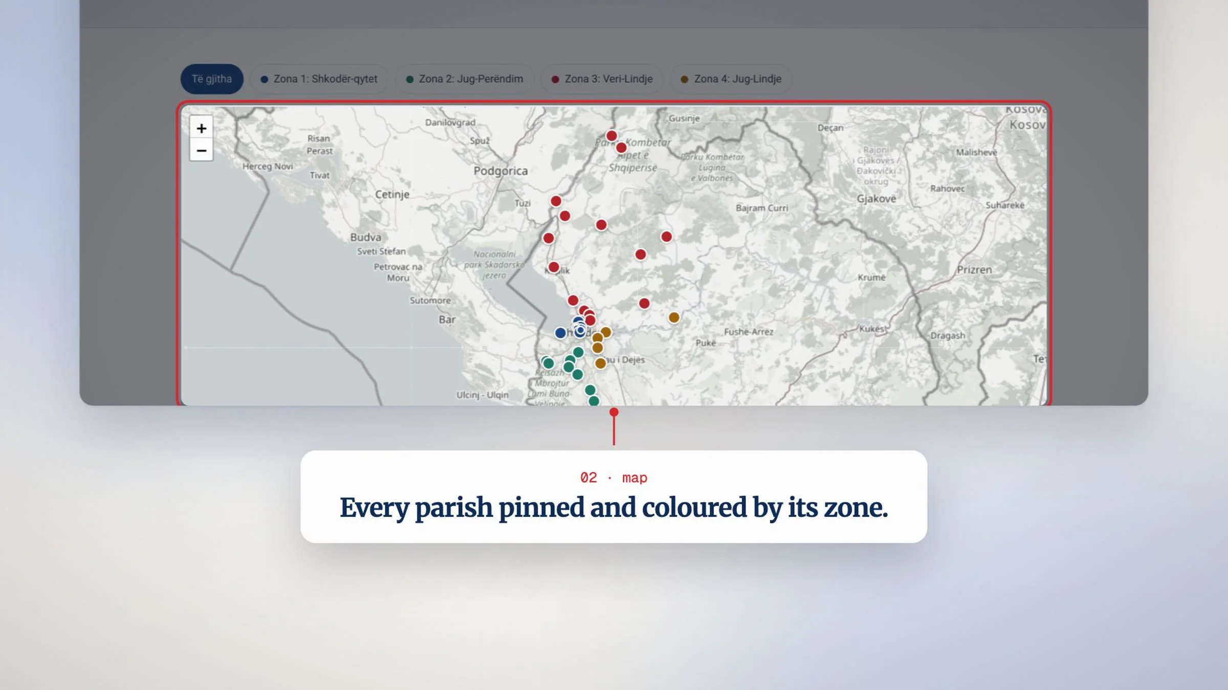 Every parish pinned and coloured by its zone.