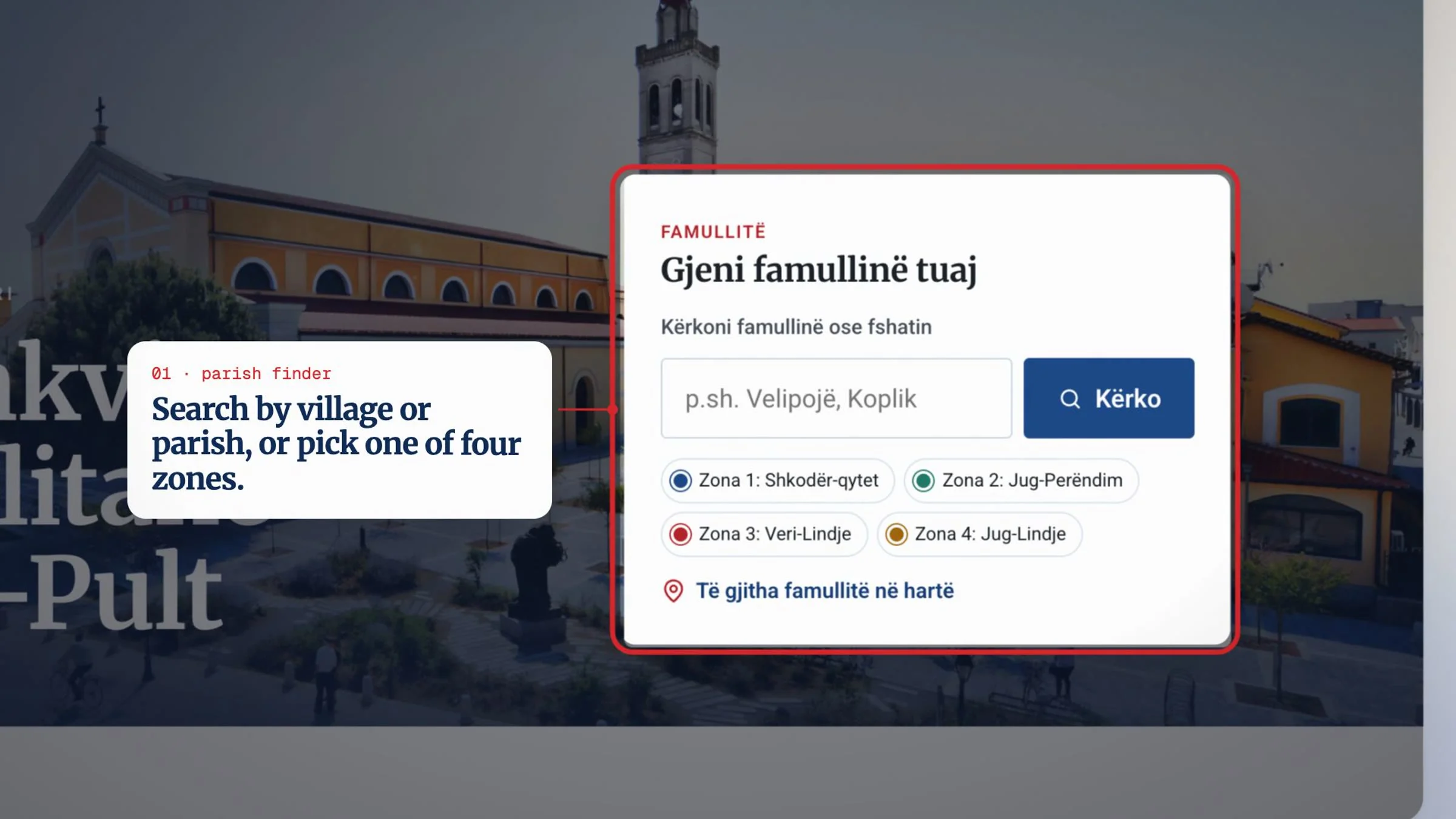 Search by village or parish, or pick one of four zones.